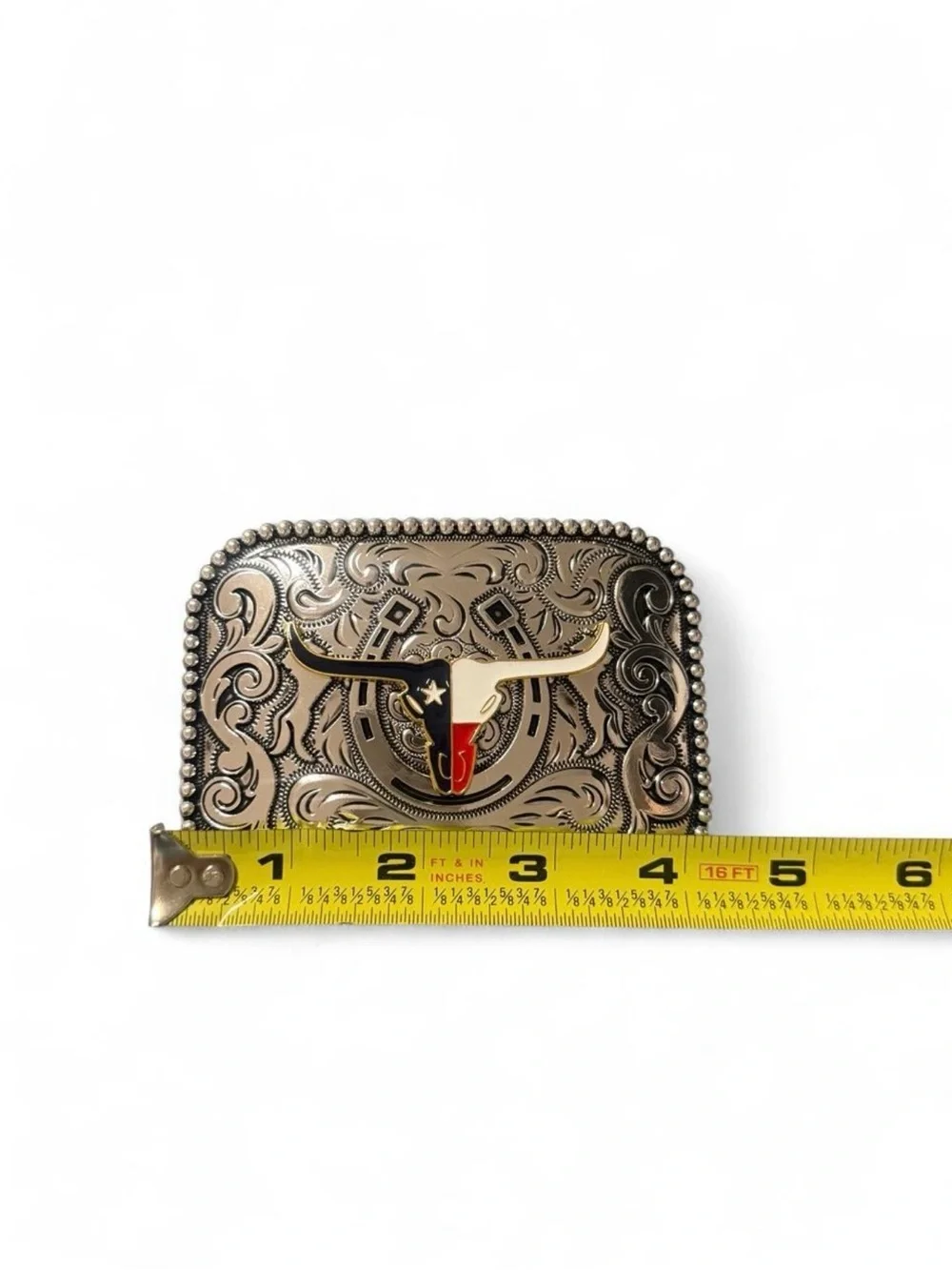 Western Longhorn Decorative Belt Buckle in Silver with Red, Blue & Gold Accents